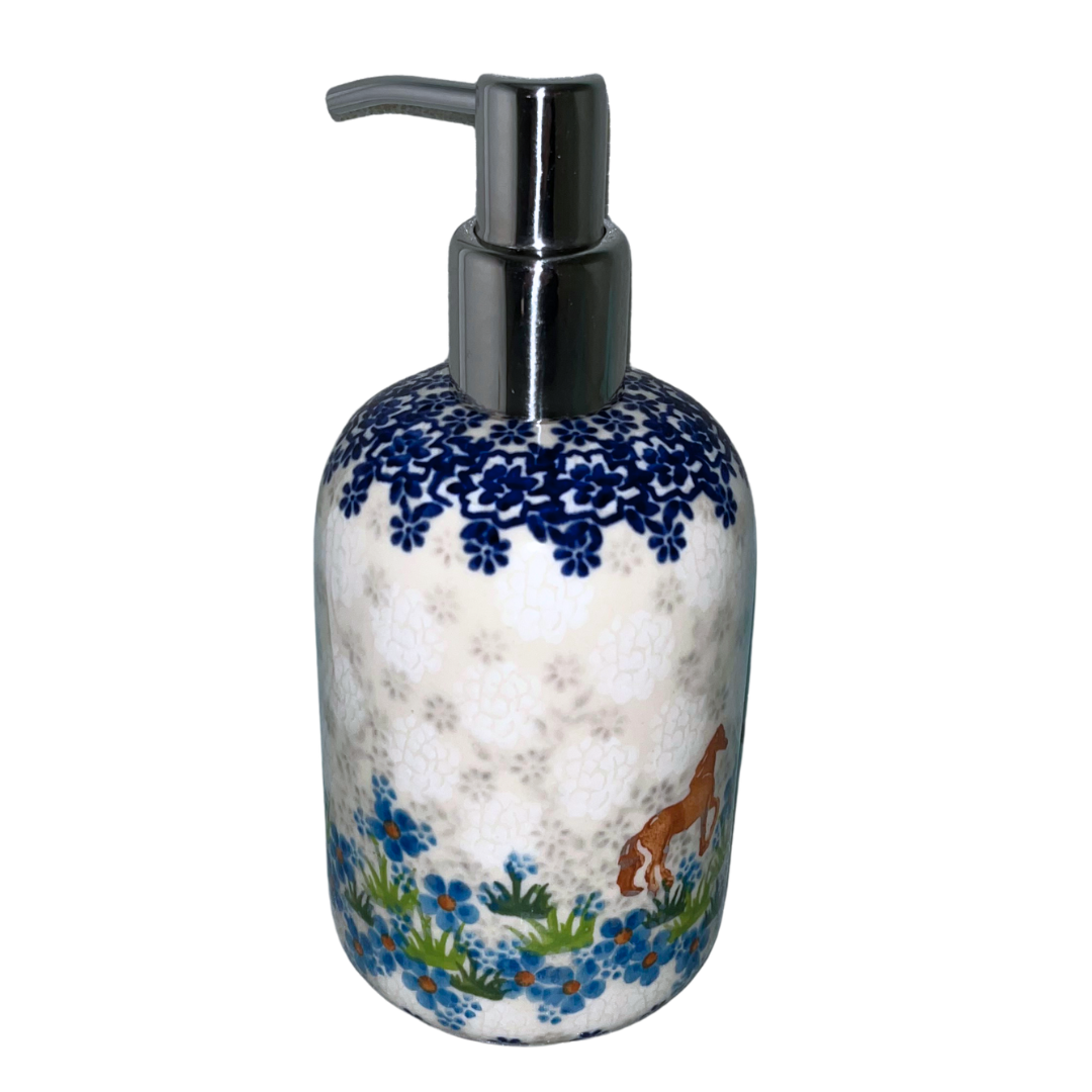 Ceramika Kalich Pattern 1311 features two horses among vibrant blue blossoms with a classic cobalt border. Hand-painted Polish pottery from Bolesławiec, Poland.