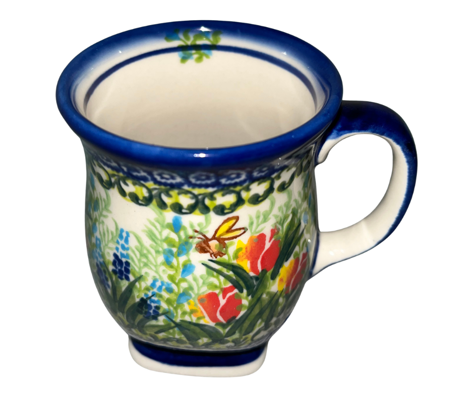Kalich Polish Pottery Pattern 700 Tulips & Bees, hand-painted floral and bee design with cobalt accents, Bolesławiec stoneware, durable, dishwasher and microwave safe, spring garden theme.