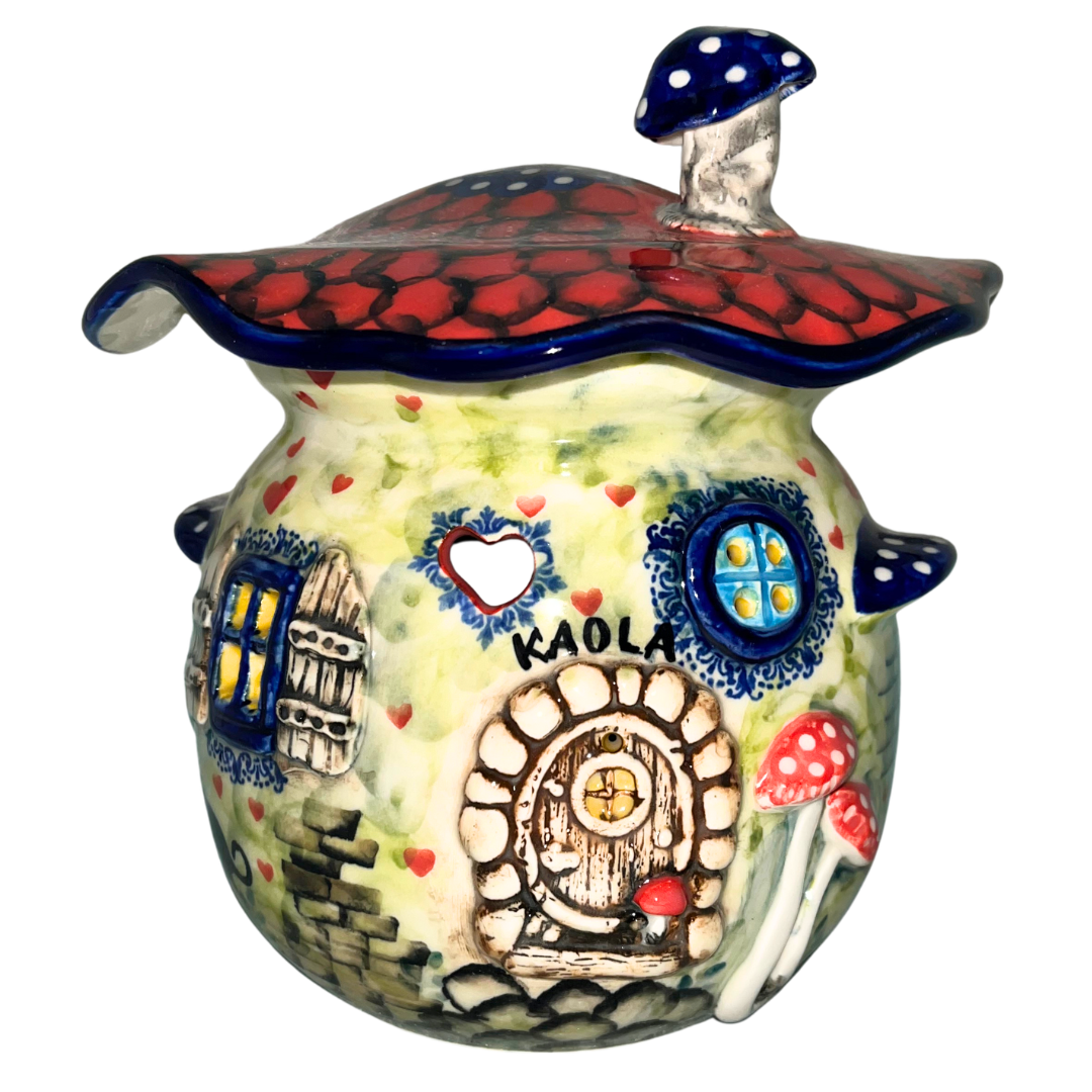 Limited Edition 2026 Kaola Studio tea light house, hand-painted and signed by Aga K. A whimsical Polish pottery collectible that glows beautifully with a tea light.