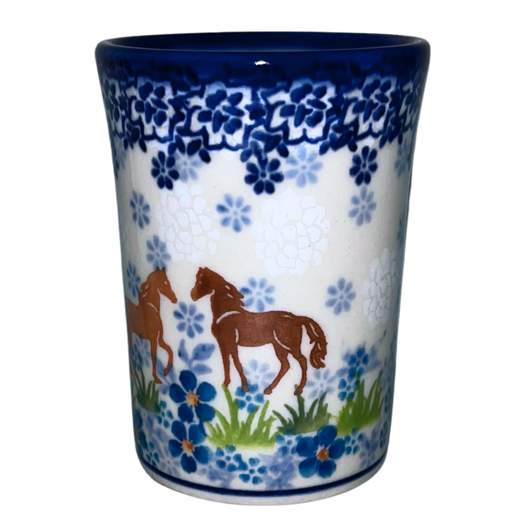 KALICH Polish Pottery 7 oz Czesio Mug No Handles 1311 Blue Meadow Horses