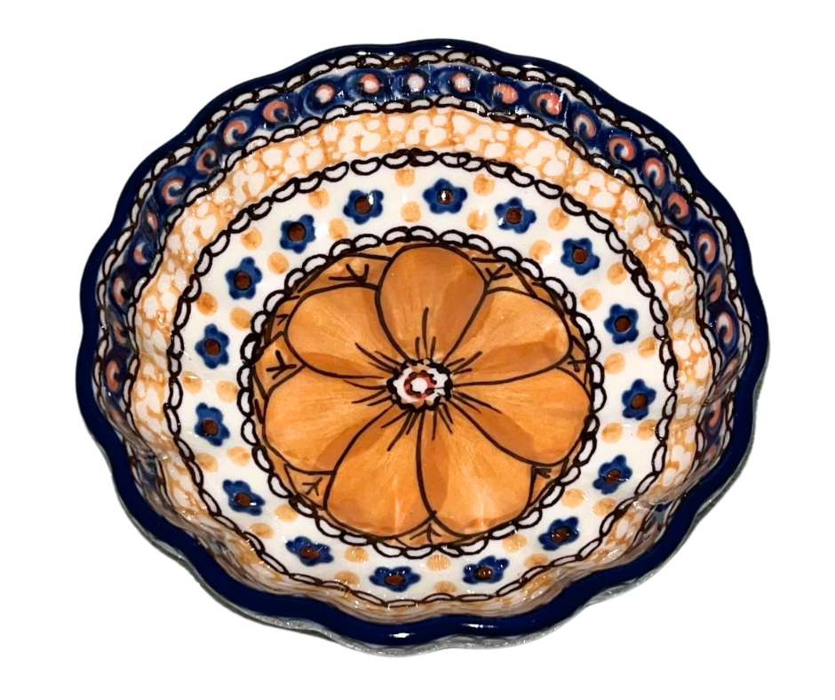 Hand-painted Ceramika Artystyczna Unikat 5" scalloped edge bowl in U408B Marigold Dreams by Jacek Chyła. Authentic Polish pottery from Bolesławiec, oven and dishwasher safe.