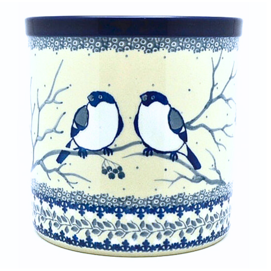Ceramika Artystyczna U4830 POLISH POTTERY Unikat 6 inch Utensil Crock Bullfinch on Blue