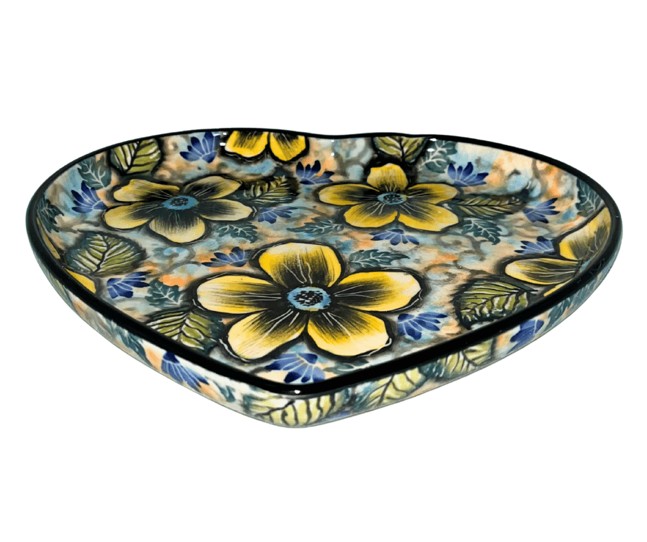 Limited Edition 2025 heart-shaped Polish pottery platter by Kaola Studio, signed by artist Aga K. Hand-painted florals in blue and yellow. Handmade in Poland.
