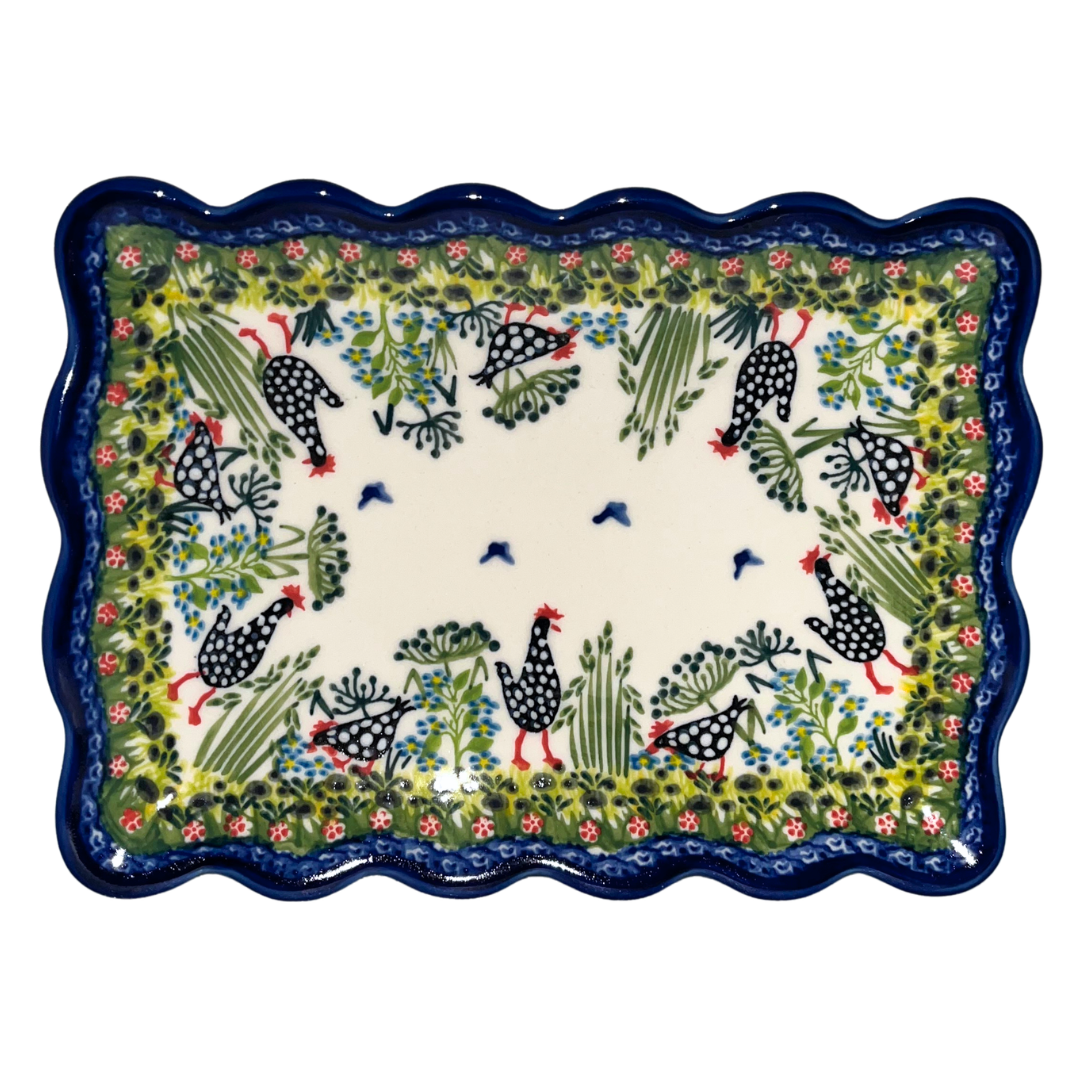 Ceramika Kalich Pattern 950 Polka Chicken Polish pottery with hand-painted hens and floral garden design. Authentic Bolesławiec stoneware, durable, dishwasher, microwave, and oven safe.