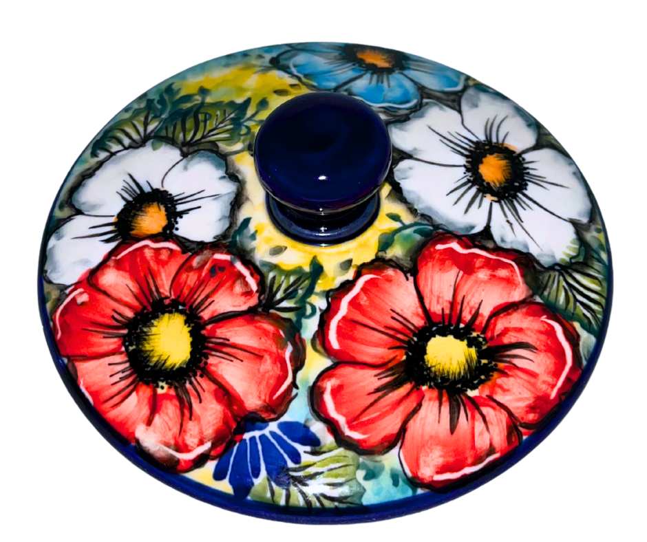 Limited Edition 2025 Kaola Polish Pottery container jar, hand-painted and signed by Aga K. Features vibrant red, white, and blue floral design. Handmade in Poland.