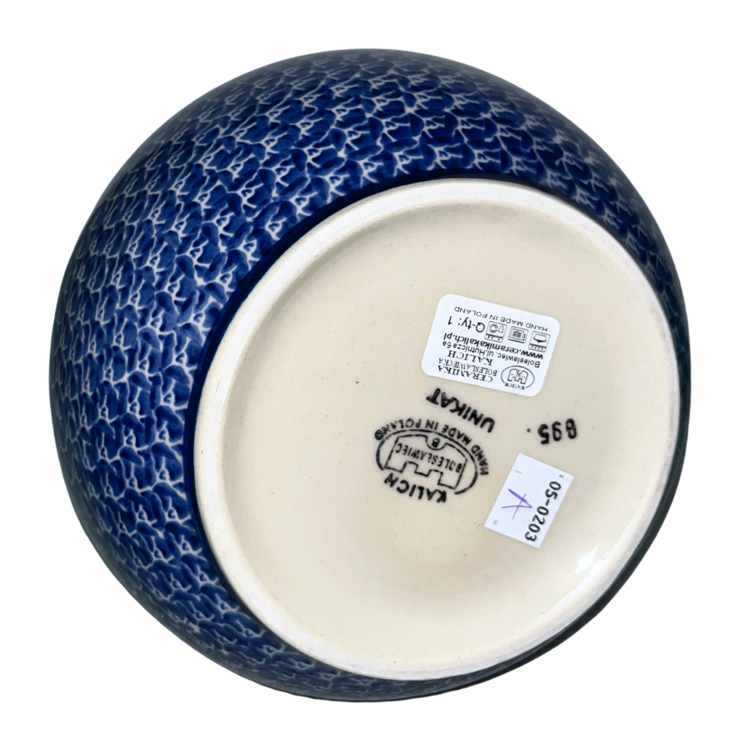 Ceramika Kalich Pattern 895 Iris Polish pottery with hand-painted blue, yellow, and burgundy flowers. Durable, dishwasher safe stoneware from Bolesławiec.