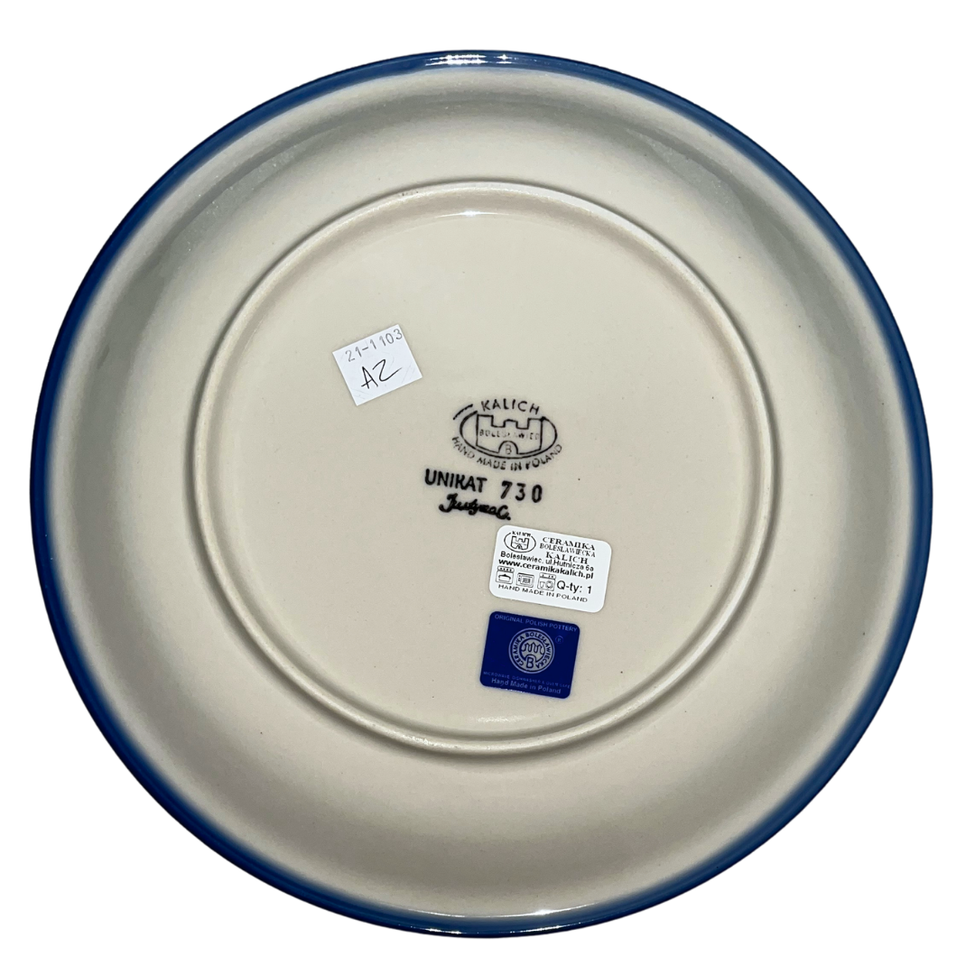 Kalich Polish Pottery Pattern 730 Red Poppy Garden, hand-painted red floral design with green foliage and cobalt accents, Bolesławiec stoneware, durable, dishwasher and microwave safe.