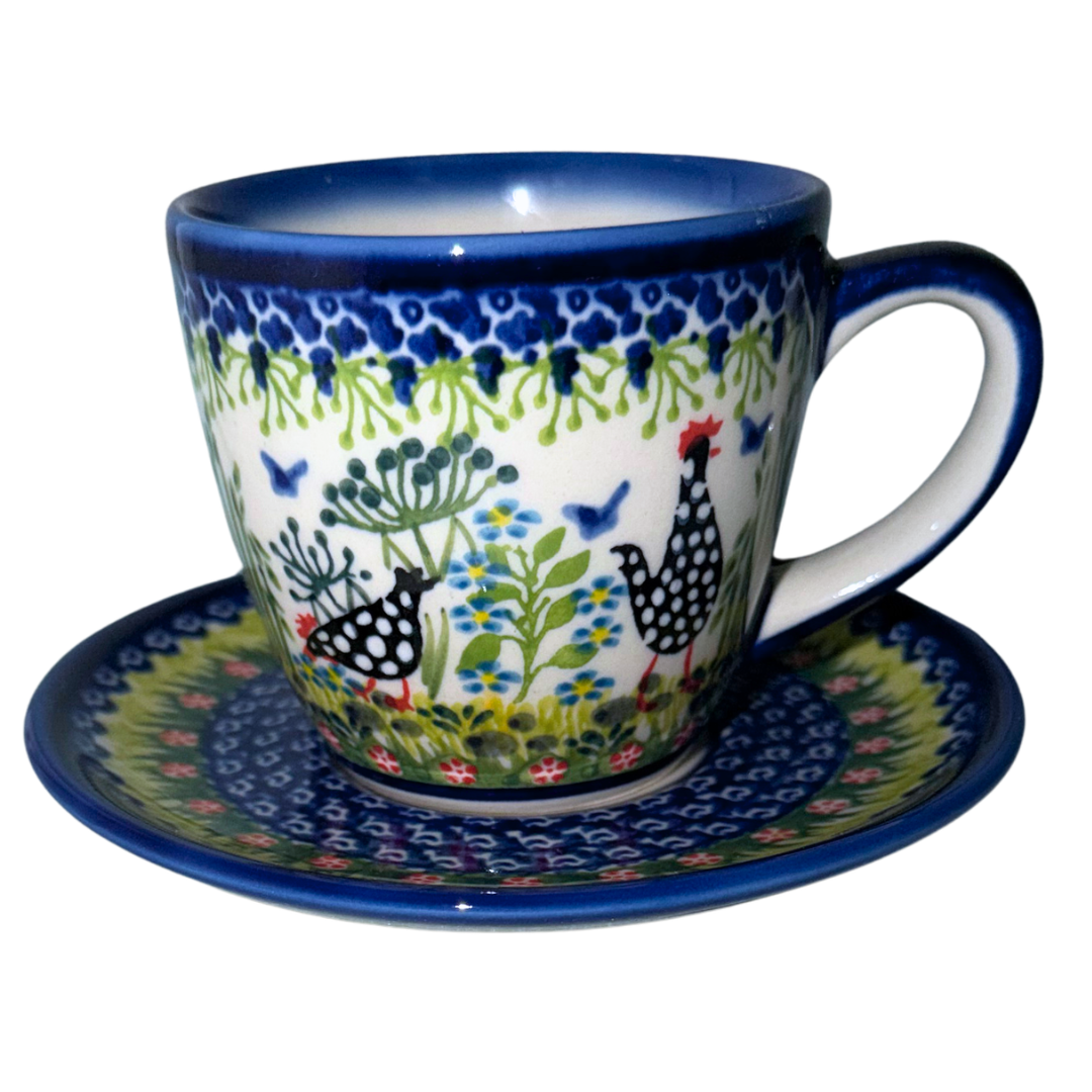 Ceramika Kalich Pattern 950 Polka Chicken Polish pottery with hand-painted hens and floral garden design.