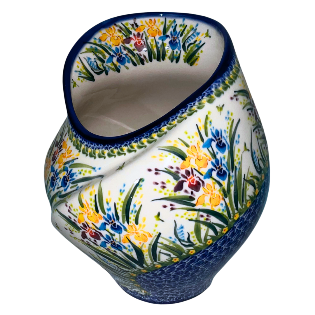 Handmade Kalich Polish Pottery tulip vase in Pattern 895 Iris. Hand-painted floral design with rich blue accents. Made in Bolesławiec, Poland.
