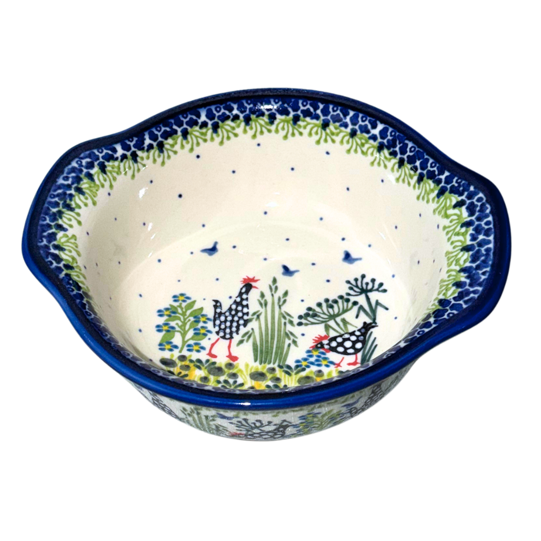 KALICH Polish Pottery 7 inch Baker Bowl with Tab Handles Polka Chicken 950