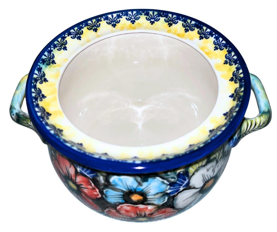 Limited Edition 2025 Kaola Polish Pottery container jar, hand-painted and signed by Aga K. Features vibrant red, white, and blue floral design. Handmade in Poland.