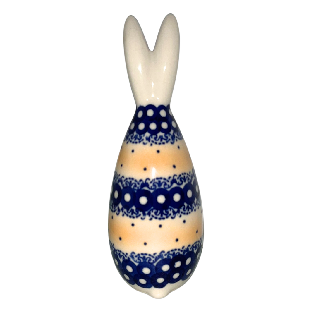5.75" Polish pottery bunny by Kaola, hand-painted in cobalt & soft peach, signed A K. Glossy, durable, collectible ceramic figurine.