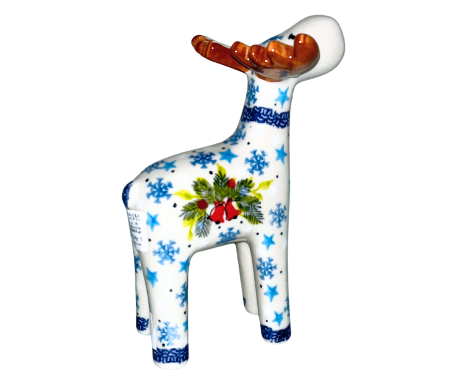 Handmade Polish Pottery 7 inch Moose by Ceramika Kalich in the Cardinal & Bells pattern. Holiday figurine with cardinals, bells, evergreen, and snowflakes. Unique Christmas décor.