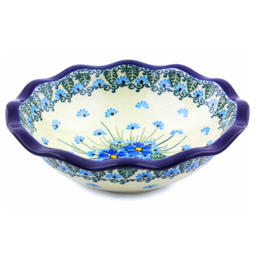 Ceramika Artystyczna pattern U4992 Polish pottery. Hand-painted blue Forget Me Not floral design on durable stoneware. Elegant, dishwasher safe, and perfect for everyday use or display.
