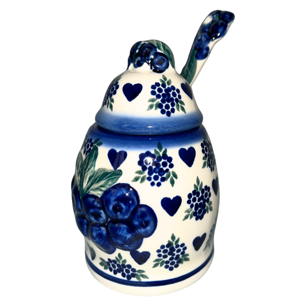 Blueberry Jam Jar with Spoon by Andy Ceramika. Made in Boleslawiec Poland. Handcrafted and hand painted.