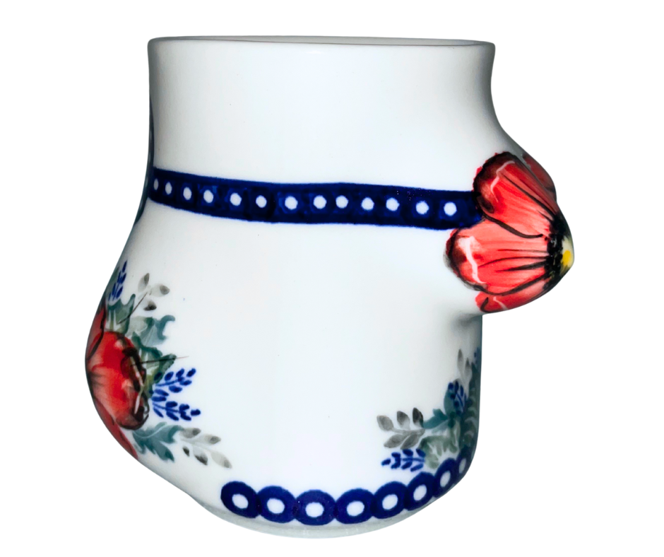 Handmade 18 oz Polish pottery boudoir mug by Kaola Studio, signed by artist Aga K in 2025. Hand-painted red florals with whimsical sculptural detail.