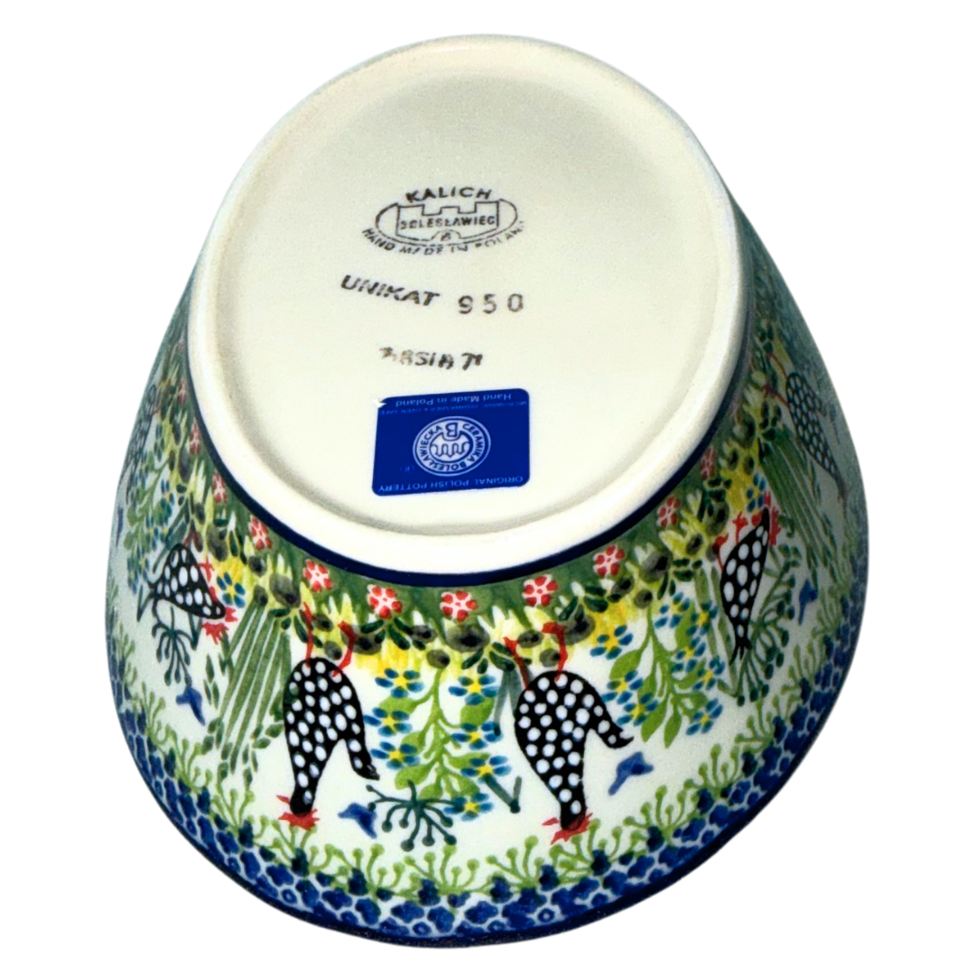Ceramika Kalich Pattern 950 Polka Chicken Polish pottery with hand-painted hens and floral garden design. Authentic