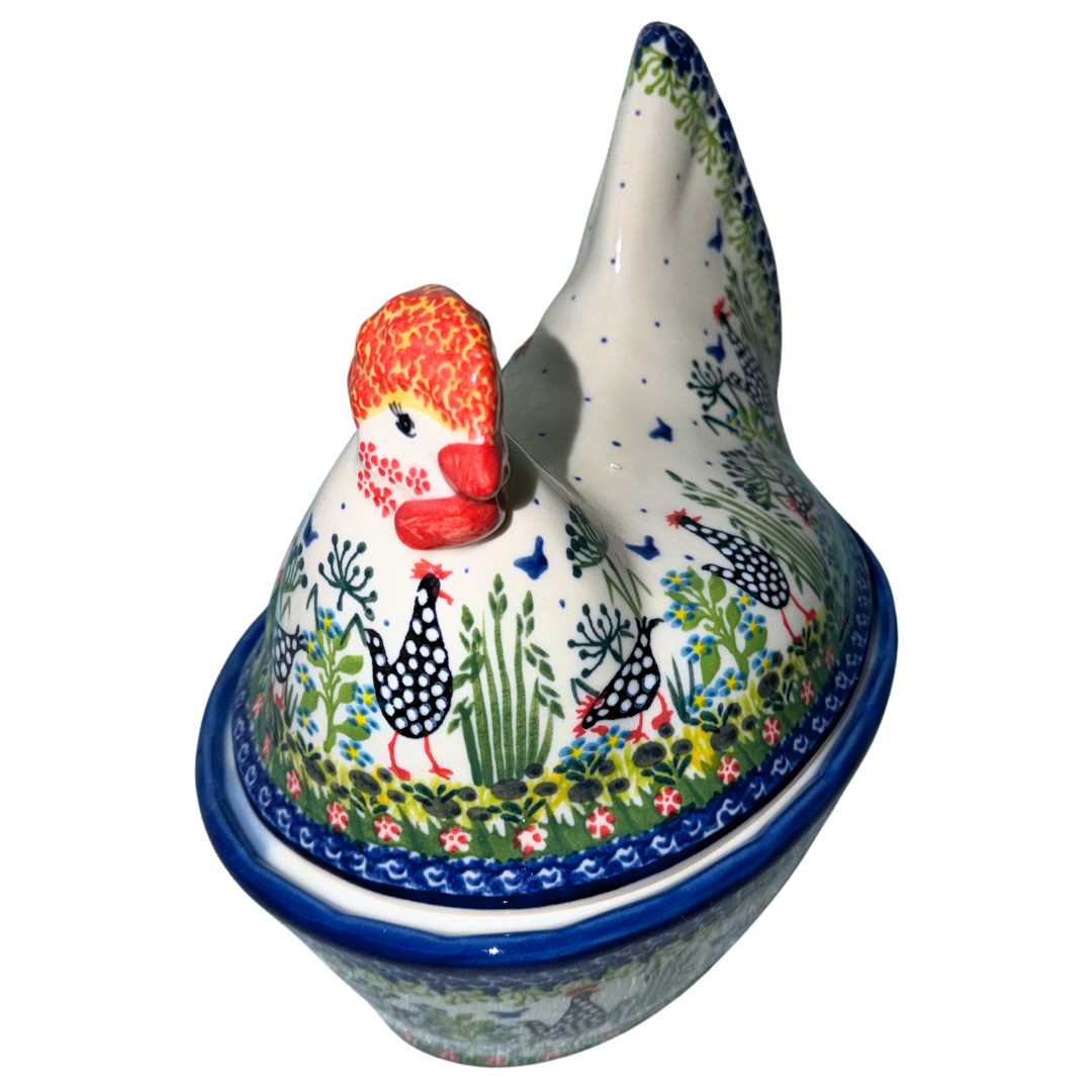Ceramika Kalich Pattern 950 Polka Chicken Polish pottery with hand-painted hens and floral garden design. Authentic