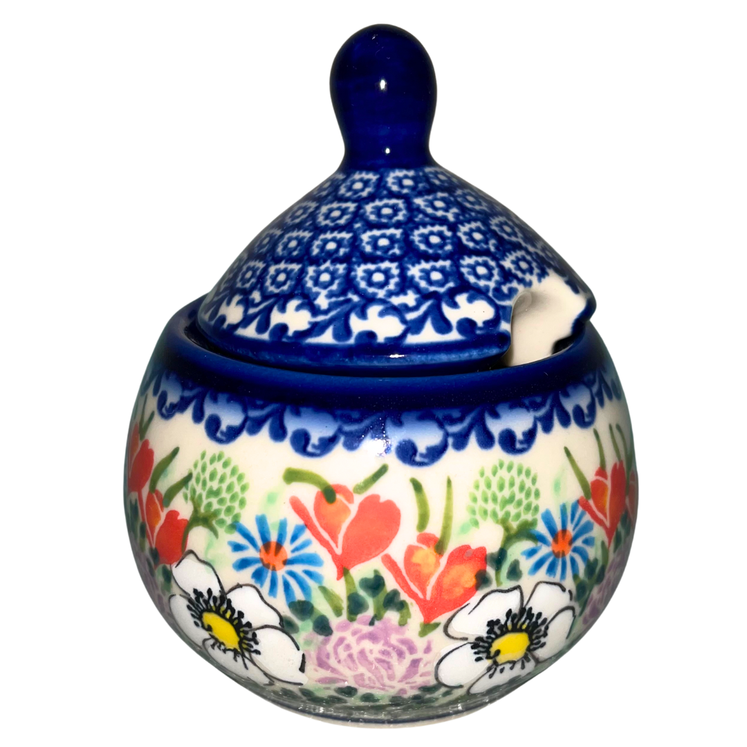 Kalich Polish Pottery 629 Ophelia pattern, hand-painted floral and cobalt lace design, UNIKAT Bolesławiec stoneware, vibrant garden motif with classic blue detailing.