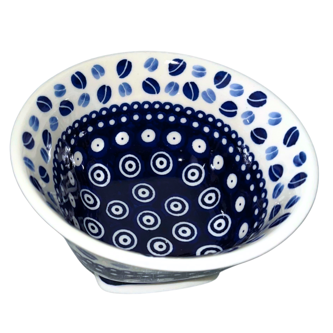 Handmade Kaola Polish Pottery in the Blue Coffee Beans pattern. Authentic Bolesławiec stoneware featuring hand-painted cobalt blue coffee bean motifs.