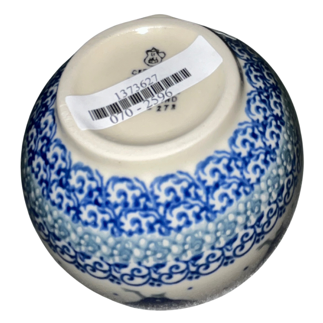 Handmade Polish pottery in Blue Hen pattern 2596X featuring charming cobalt hens and classic dot detailing. Durable, oven-safe stoneware from Bolesławiec.