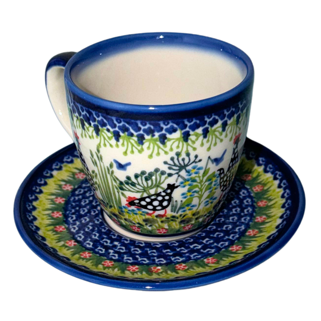 Ceramika Kalich Pattern 950 Polka Chicken Polish pottery with hand-painted hens and floral garden design.