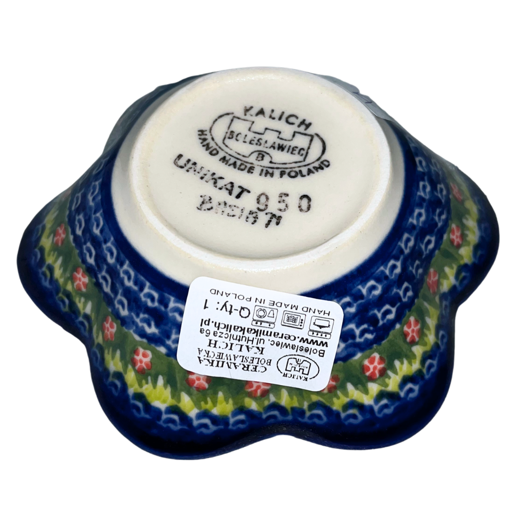 Ceramika Kalich Pattern 950 Polka Chicken Polish pottery with hand-painted hens and floral garden design. Authentic Bolesławiec stoneware, durable, dishwasher, microwave, and oven safe.