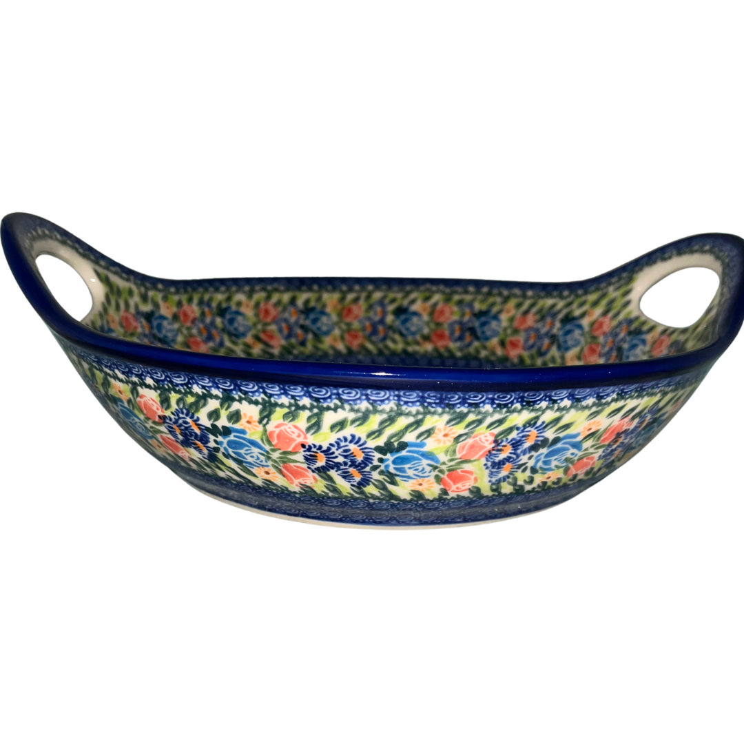 Handcrafted Ceramika Kalich Pattern 297 Small Roses Polish Pottery featuring delicate roses and cobalt accents. Oven, microwave, and dishwasher safe.
