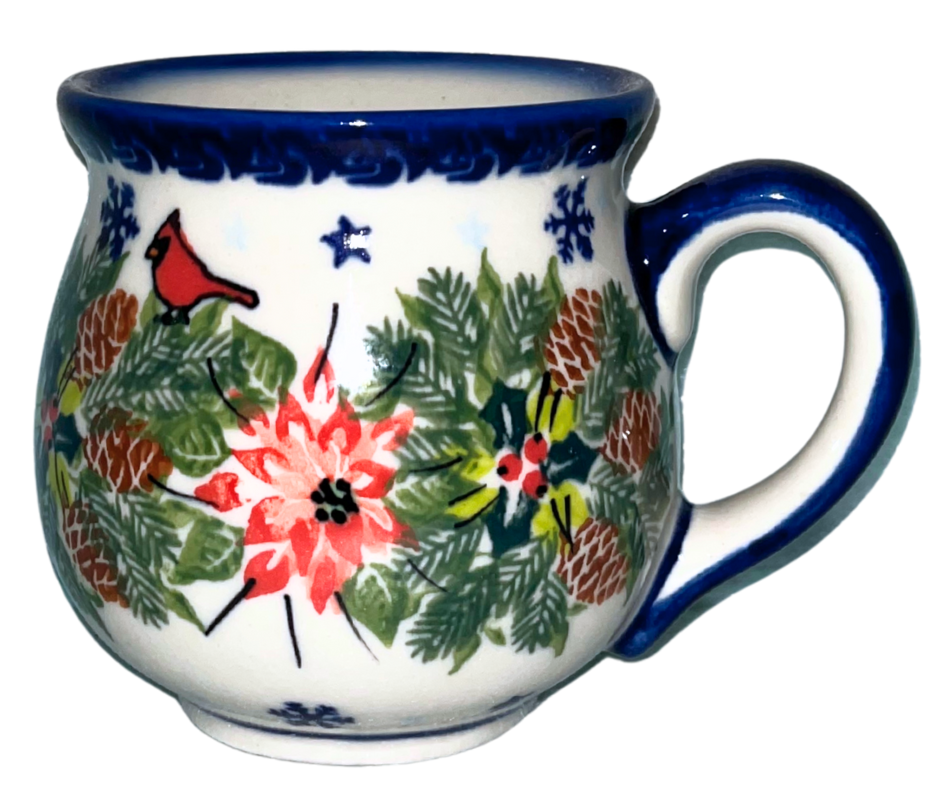 Kalich Polish Pottery 10oz Bubble Mug Unikat 710. Winter cardinal design with poinsettias, pinecones, & snowflakes. Handmade in Poland. Oven dishwasher microwave safe.