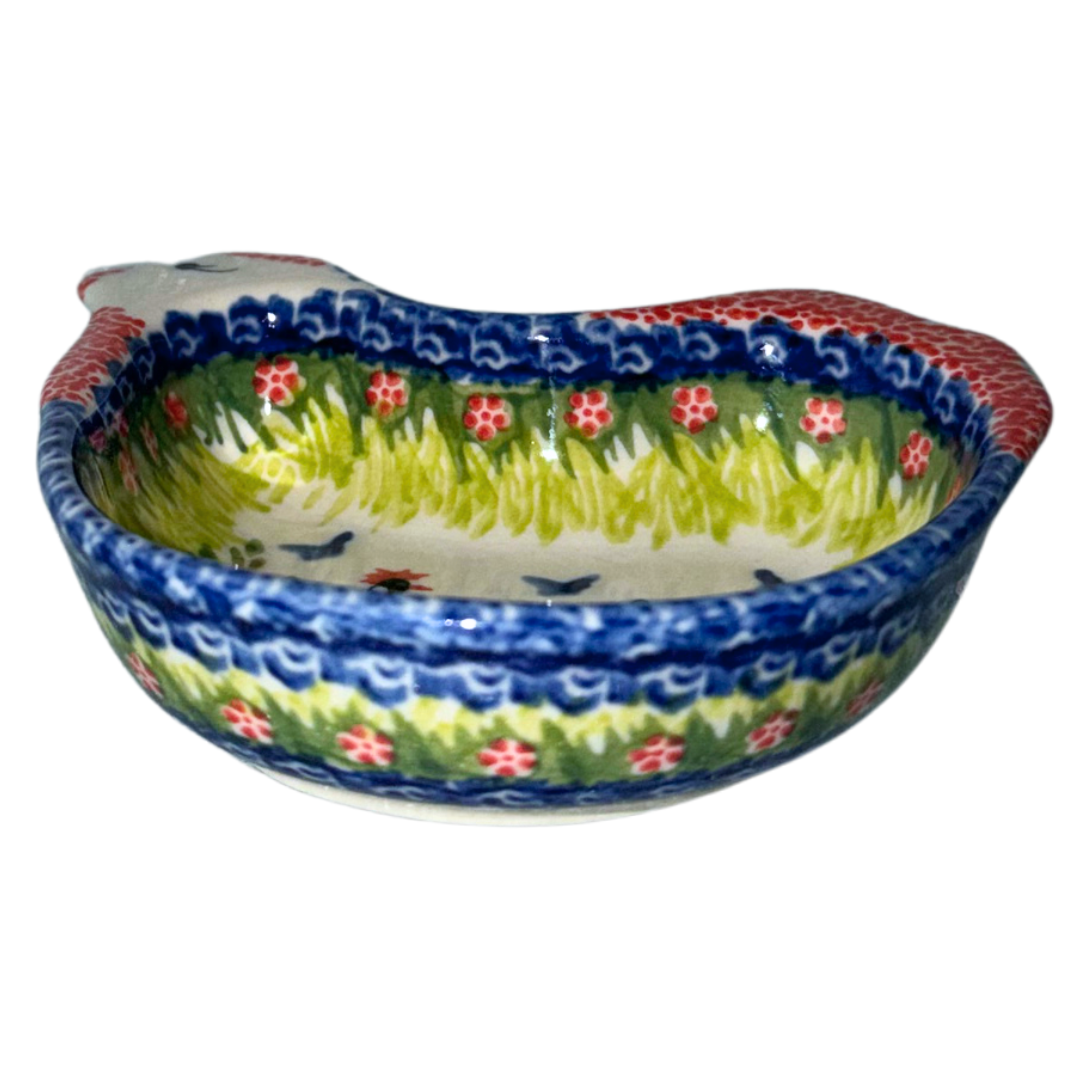 Ceramika Kalich Pattern 950 Polka Chicken Polish pottery with hand-painted hens and floral garden design.