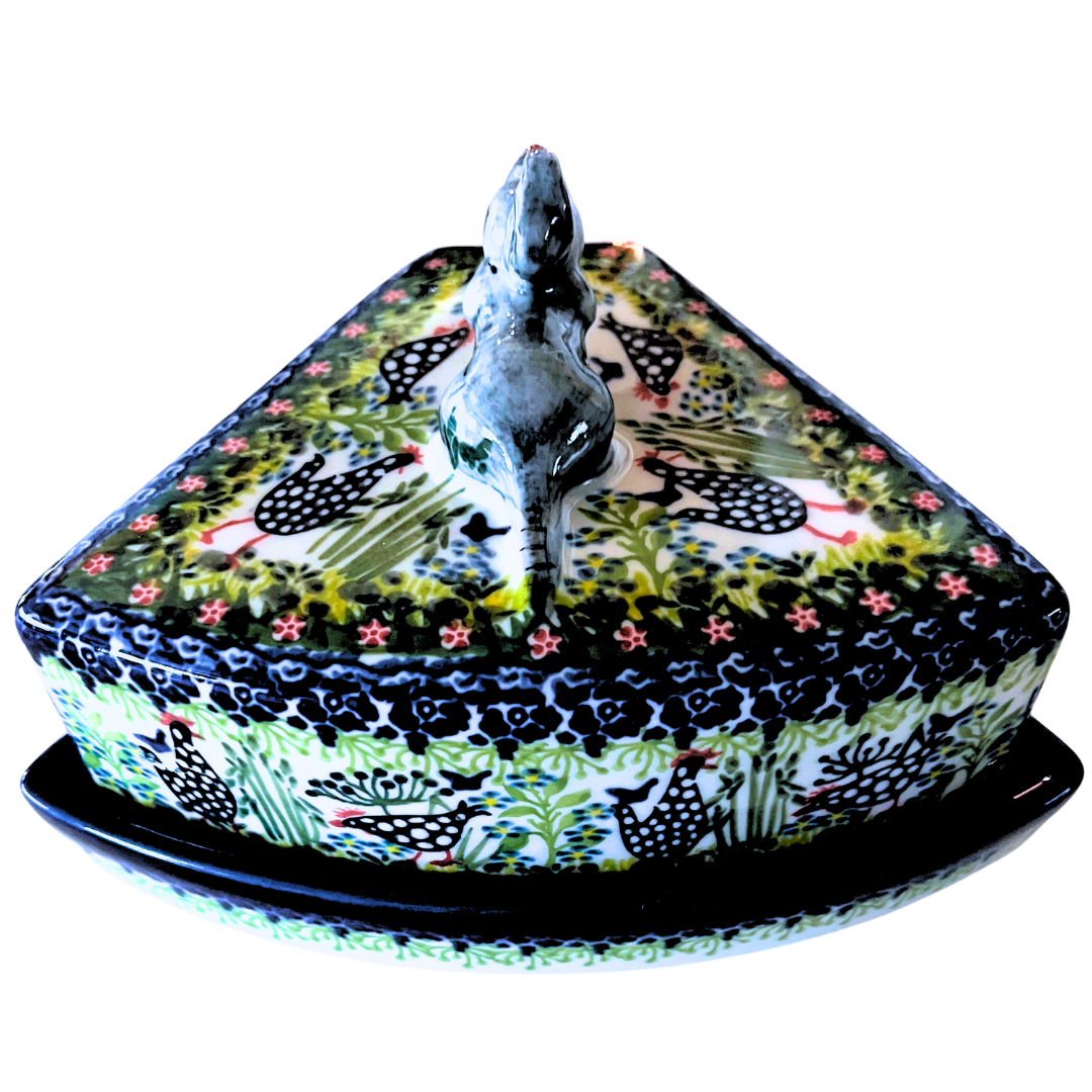 Ceramika Kalich Pattern 950 Polka Chicken Polish pottery with hand-painted hens and floral garden design. Authentic Bolesławiec stoneware, durable, dishwasher, microwave, and oven safe.