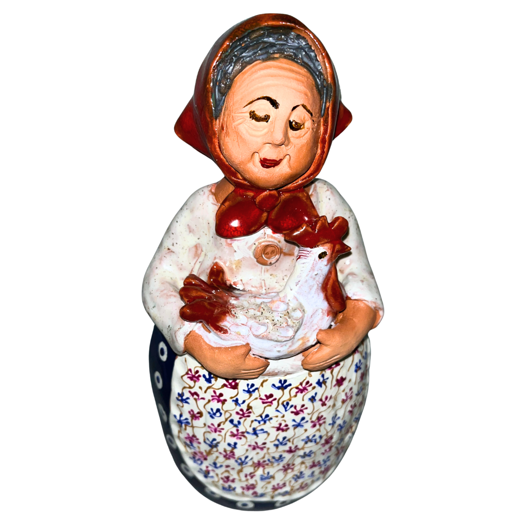 Hand-painted folk art babcia grannie figurine holding a rooster