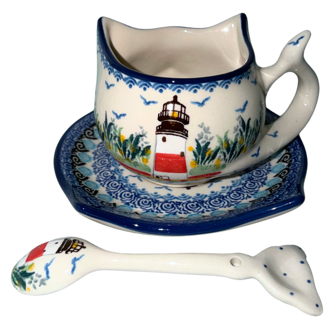 Ceramika Artystyczna U5220 Polish Pottery cat cup, lighthouse saucer and fish-tail spoon, hand-painted in Bolesławiec, Poland.