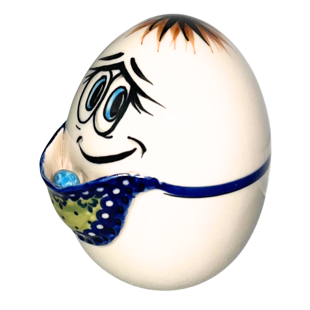 Handcrafted Kaola Studio 5" ceramic egg with apron and eggs, hand-painted, limited edition, signed A. Pachom 2025. Whimsical collectible décor.