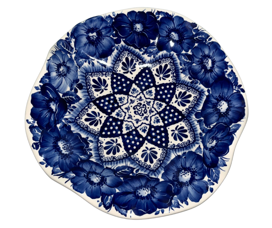 2025 limited edition 9 inch wavy edge bowl signed by A Pachum of Kaola Studio, hand painted cobalt floral Polish pottery centerpiece, 9 x 9 x 2.75