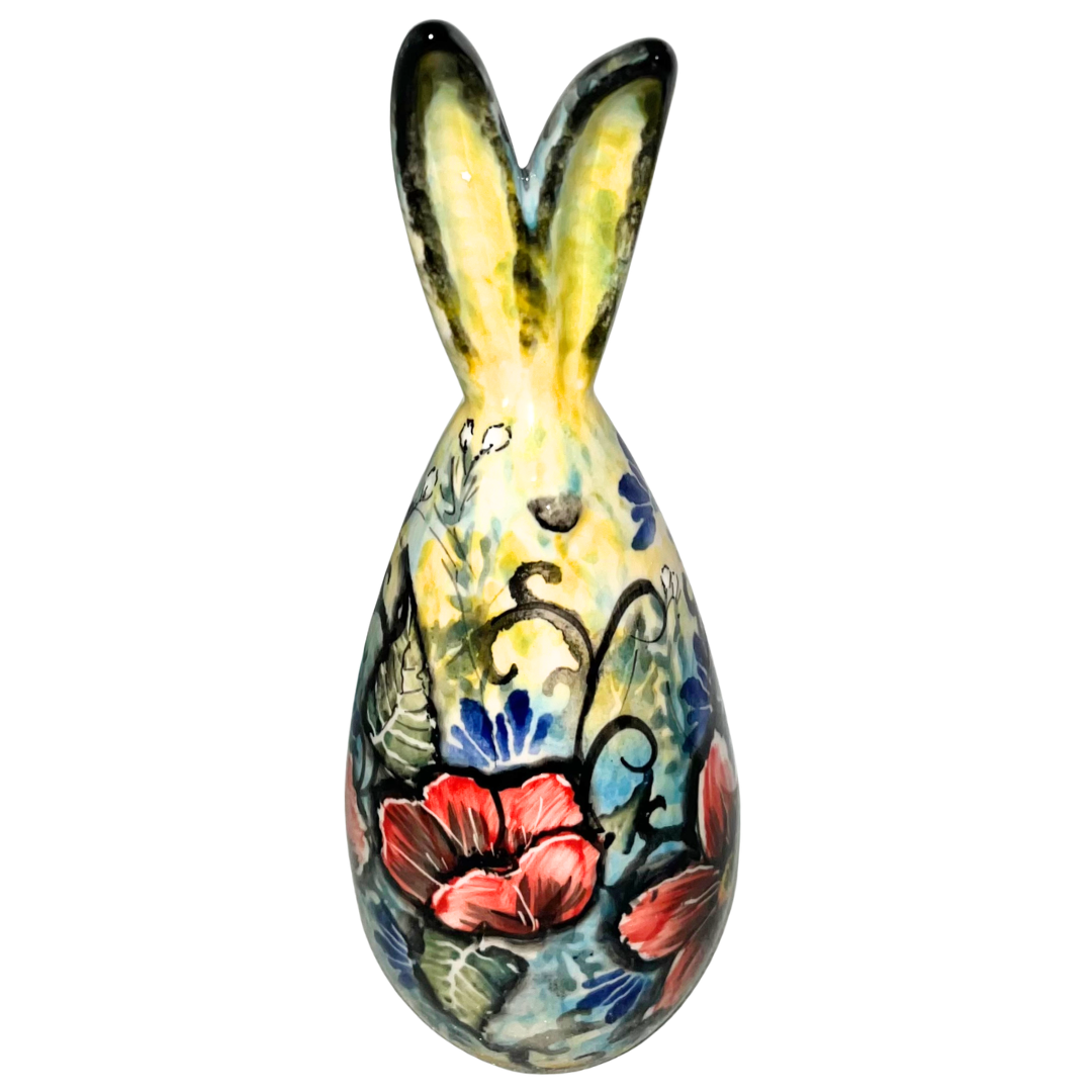 Handcrafted Kaola Studio 9" ceramic bunny, hand-painted floral design, limited edition, signed A Pachom 2025. Unique collectible home décor piece.