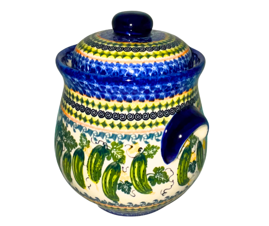 Kalich Polish Pottery 101 oz Pickle Jar – hand-painted cucumbers. Food-safe stoneware from Bolesławiec, perfect for pickling, storage, and home décor. Dishwasher safe.