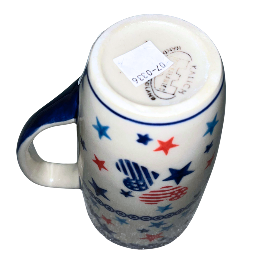 Ceramika Kalich Stars & Stripes features red, white and blue stars with patriotic heart motifs and cobalt accents. Hand-painted Polish pottery handcrafted in Poland.