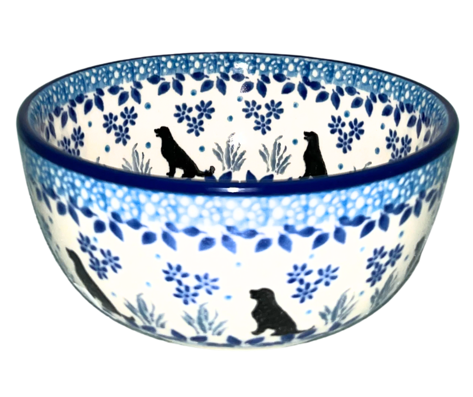 Handmade Polish pottery bubble mug featuring dog silhouettes and blue floral motifs. Pattern 2856X “Buddy” by Ceramika Artystyczna—durable, dishwasher and microwave safe.