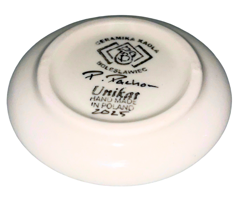 Limited edition 2 oz Kaola cup signed by Aga K with coordinating saucer signed by P Pachom, hand painted Polish pottery from Bolesławiec, 2025.