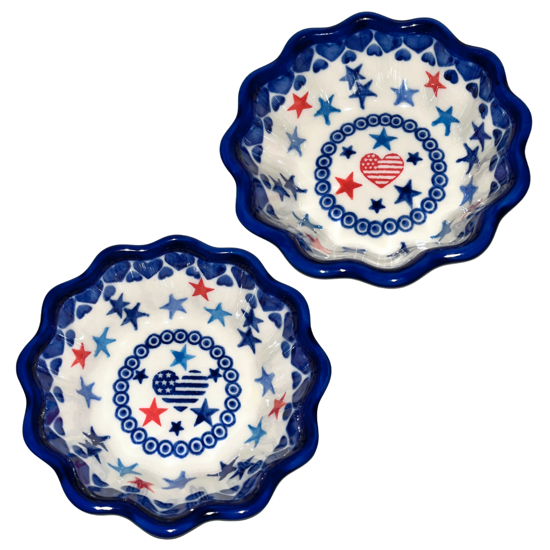 KALICH Polish Pottery Fluted Edge Babka Bowl 4". Set of 2 in Stars & Stripes.