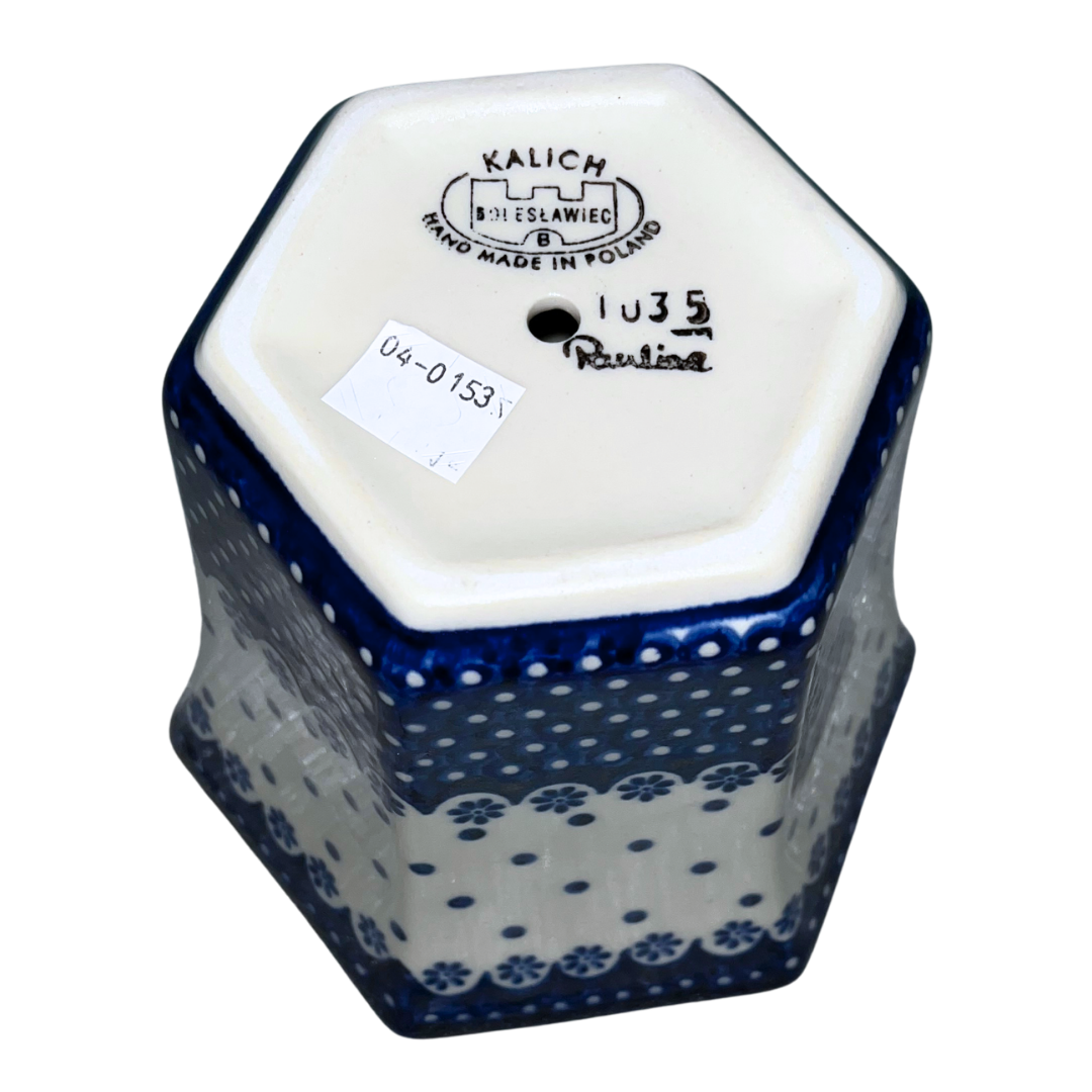 Ceramika Kalich Pattern 1035 Queen Anne’s Lace Polish pottery with classic cobalt dots and floral border. Authentic Bolesławiec stoneware, durable, dishwasher, microwave, and oven safe.
