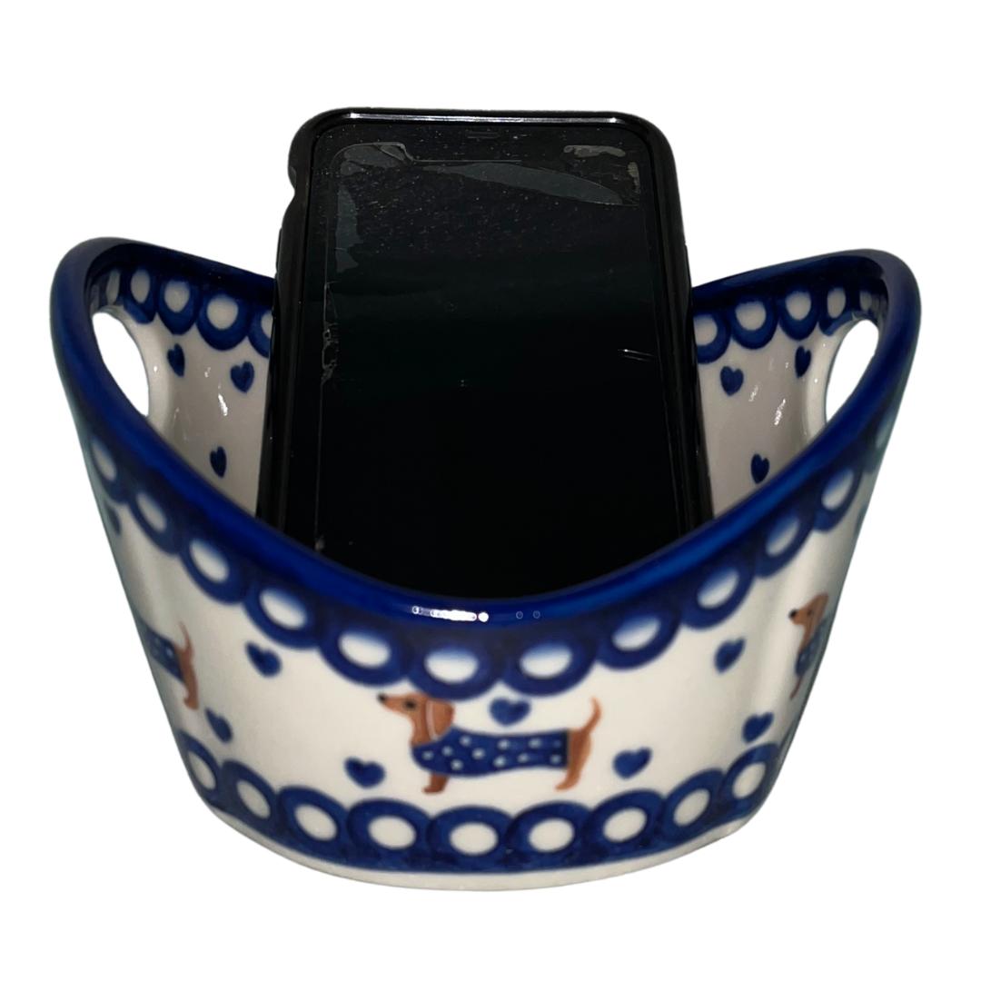 Ceramika Kalich Pattern 1322 Dachshunds features playful dachshunds in blue coats with scattered blue hearts and cobalt accents. Hand-painted Polish pottery from Poland.