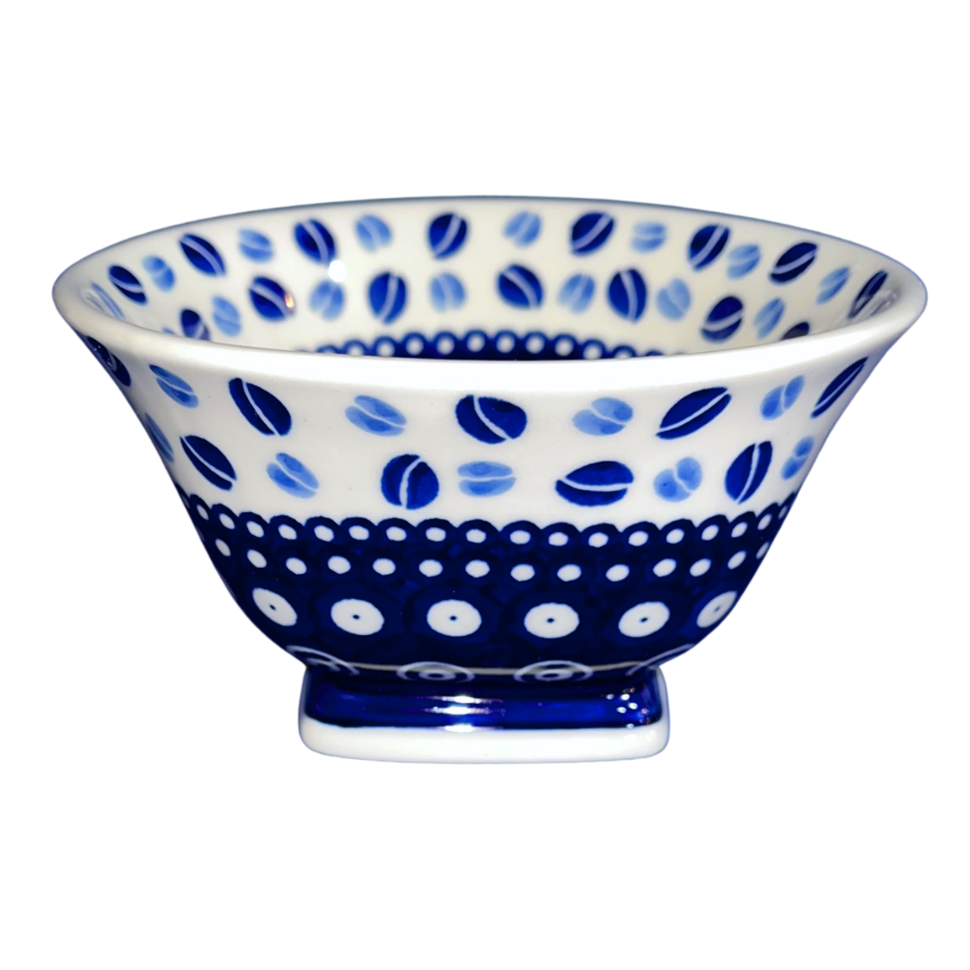 Handmade Kaola Polish Pottery in the Blue Coffee Beans pattern. Authentic Bolesławiec stoneware featuring hand-painted cobalt blue coffee bean motifs.