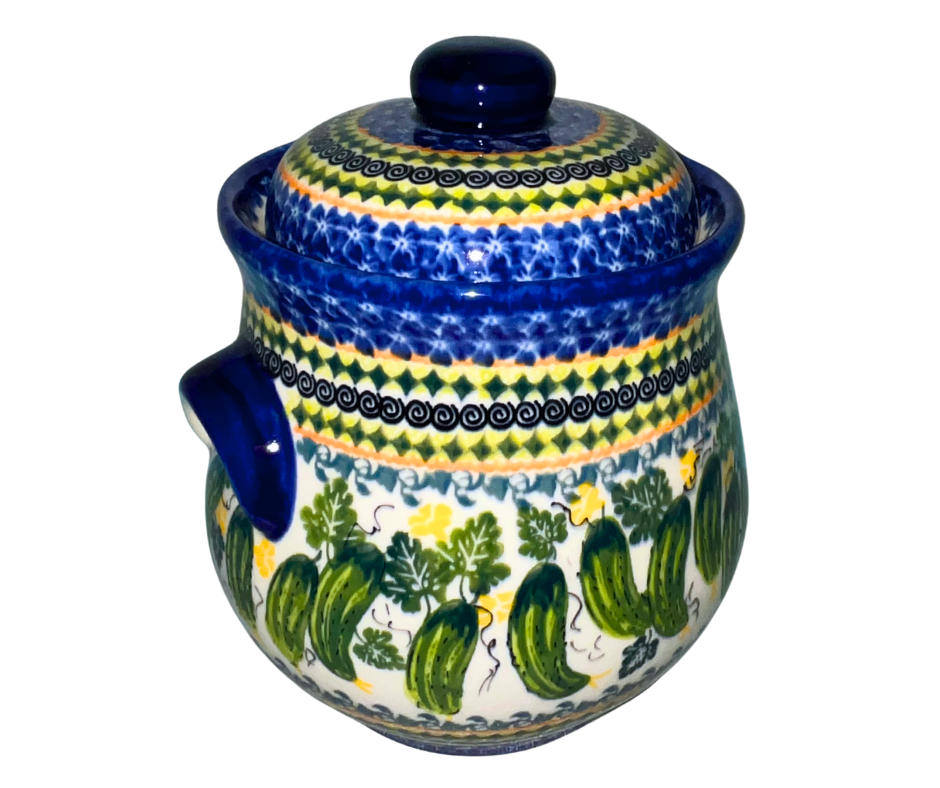 Kalich Polish Pottery 101 oz Pickle Jar – hand-painted cucumbers. Food-safe stoneware from Bolesławiec, perfect for pickling, storage, and home décor. Dishwasher safe.