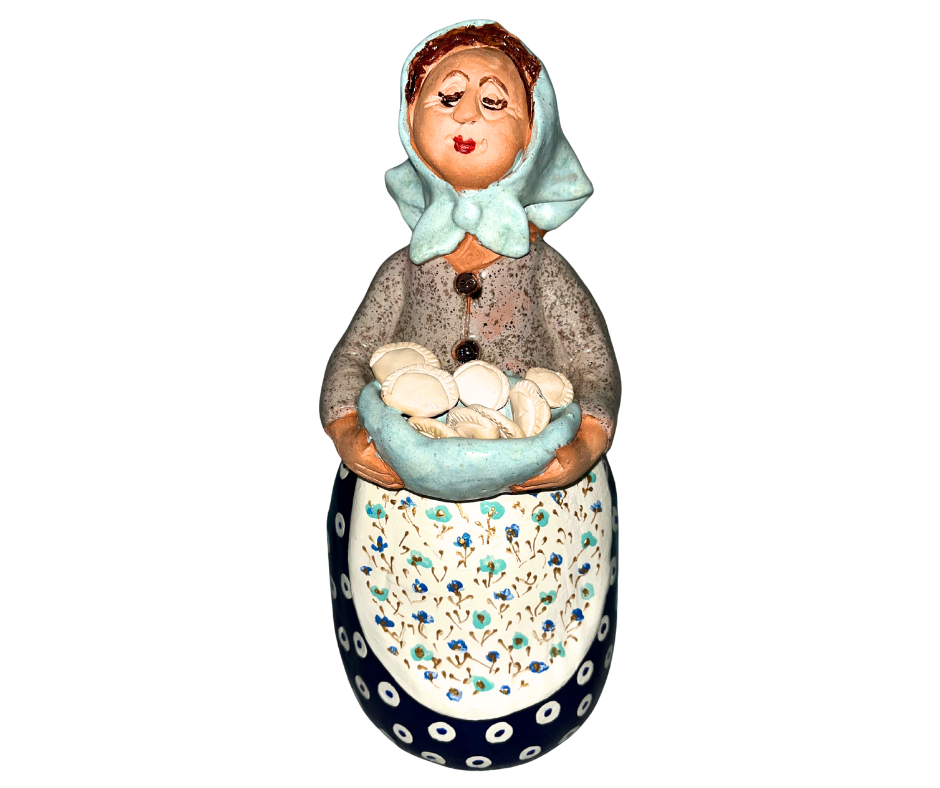 Polish Grannie - Babcia - holding a bowl of Pierogi  Handsculpted Handpainted Folk Art