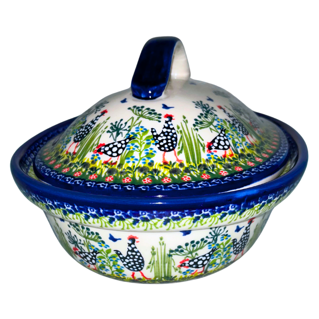 Ceramika Kalich Pattern 950 Polka Chicken Polish pottery with hand-painted hens and floral garden design. Authentic