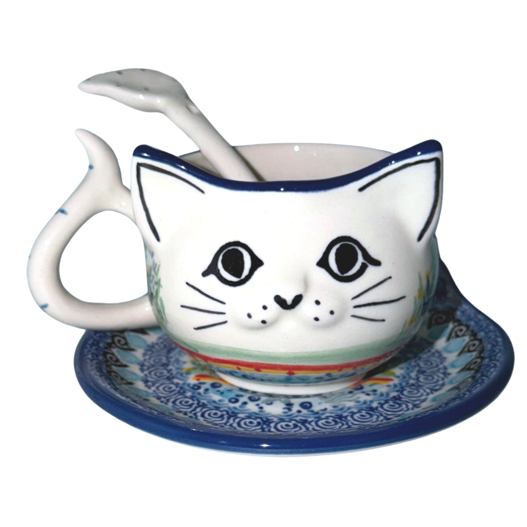 Ceramika Artystyczna U5220 Polish Pottery cat cup, lighthouse saucer and fish-tail spoon, hand-painted in Bolesławiec, Poland.