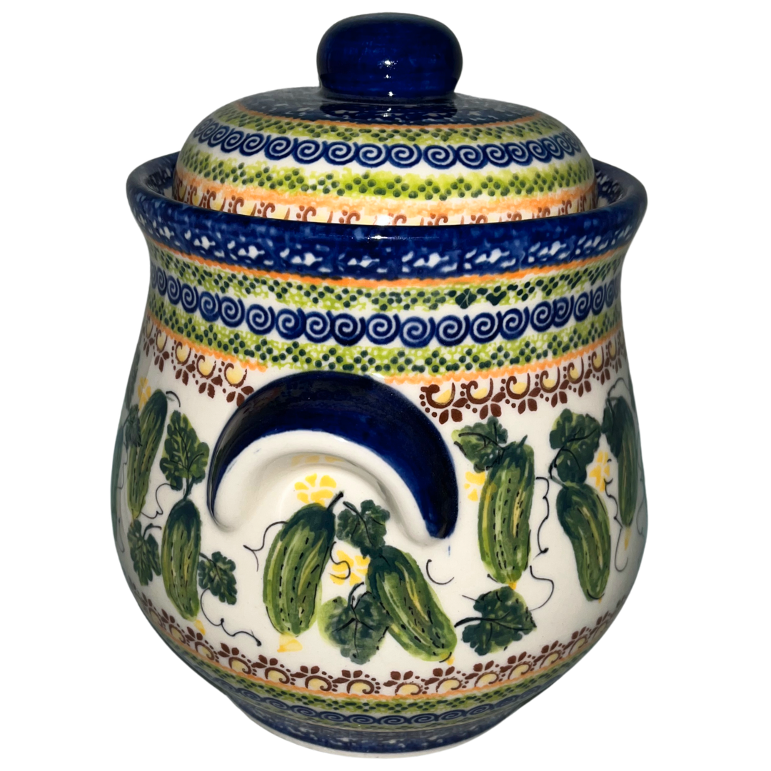 Kalich Polish Pottery 101 oz Pickle Jar – hand-painted cucumbers. Food-safe stoneware from Bolesławiec, perfect for pickling, storage, and home décor. Dishwasher safe.