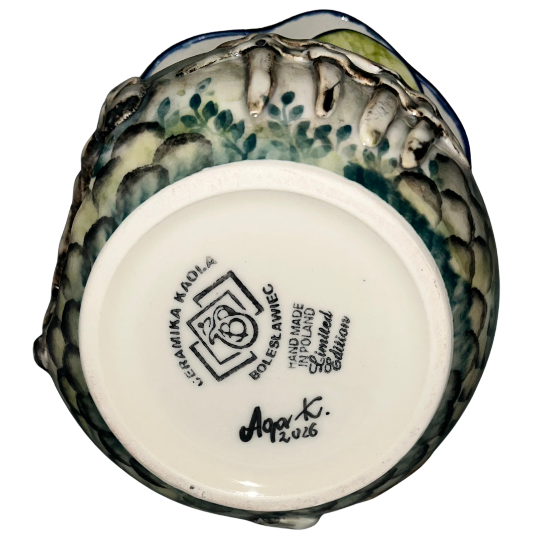 Limited Edition 2026 Kaola Studio tea light house, hand-painted and signed by Aga K. A whimsical Polish pottery collectible that glows beautifully with a tea light.